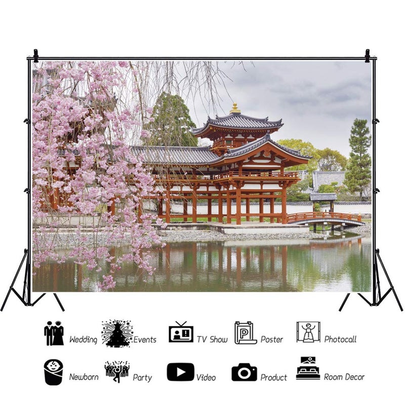 DORCEV Japan Scenery Photography Backdrop Japanese Style Building Garden Pink Cherry Asian Travel Themed Birthday Party Wedding Portrait Photo Studio Props Background Room Wallpaper - Image 2